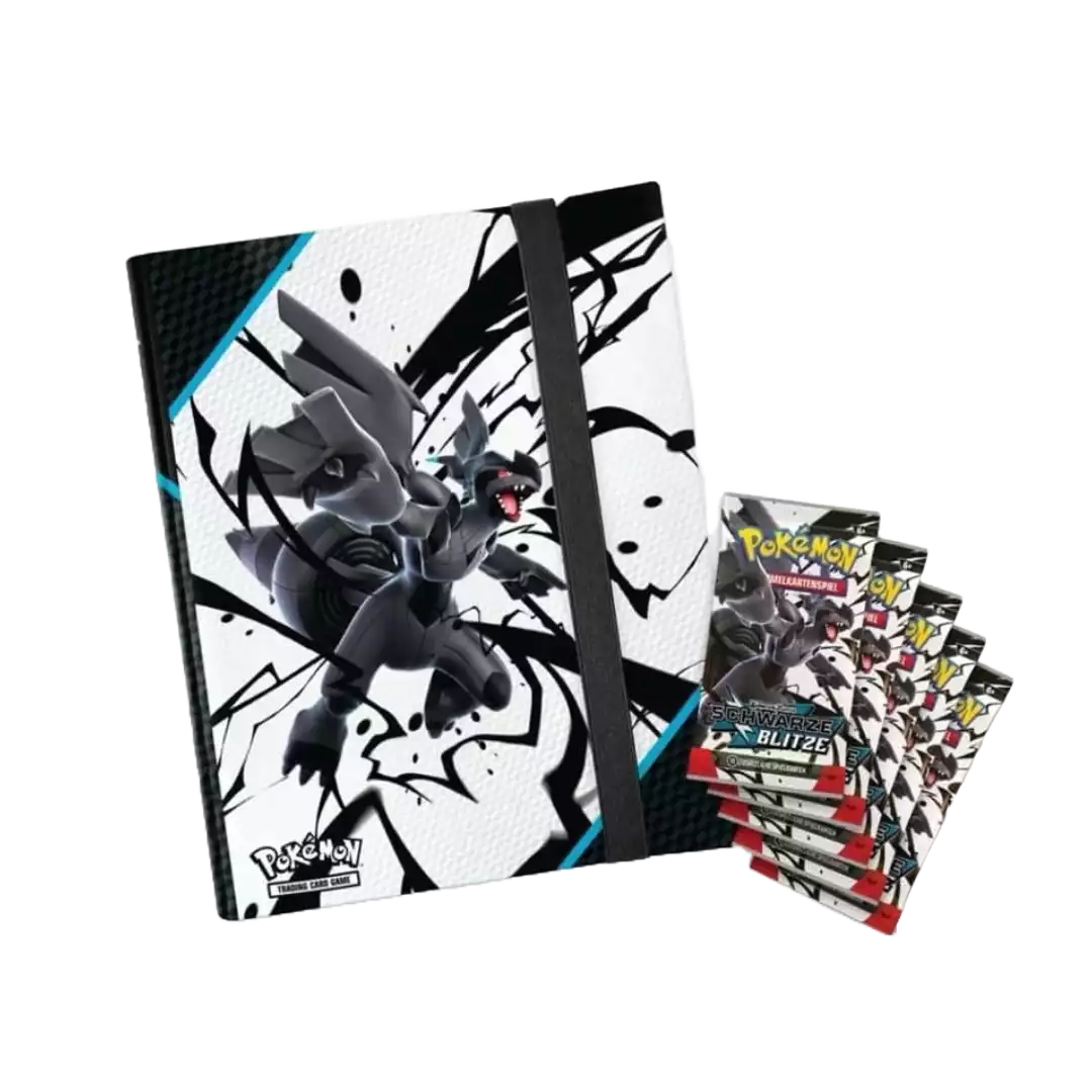Geöffnete Pokémon Schwarze Blitze Zekrom Ordner Kollektion – deutsche Version – Inhalt mit Sammelordner und verschiedenen Kartenfächern, Zekrom-Motiv auf schwarzem Hintergrund