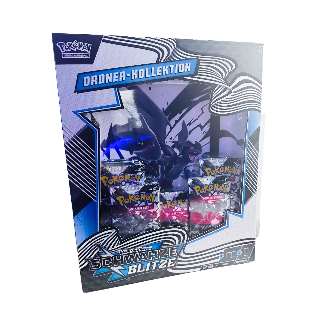 Pokémon Schwarze Blitze Zekrom Ordner Kollektion – deutsche Version – Vorderansicht der Box mit Zekrom-Artwork auf schwarzem Hintergrund