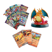 Geöffnete Pokémon Super Premium Kollektion Glurak-ex – deutsche Version – Inhalt mit Sammelkarten, Kartenfächern und Glurak-ex-Motiv auf feurigem Hintergrund