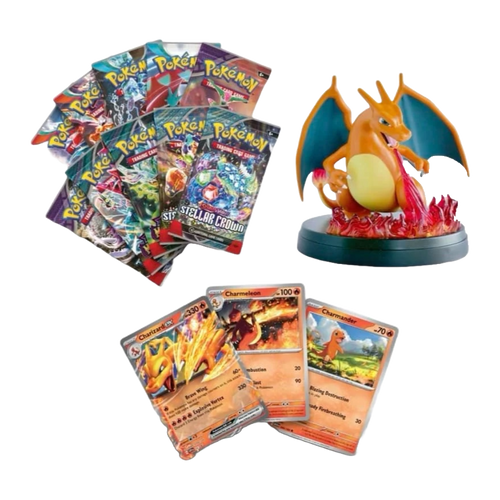 Geöffnete Pokémon Super Premium Kollektion Glurak-ex – deutsche Version – Inhalt mit Sammelkarten, Kartenfächern und Glurak-ex-Motiv auf feurigem Hintergrund