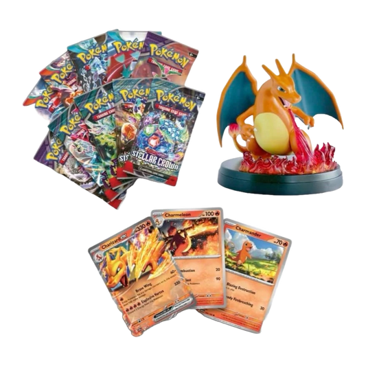 Geöffnete Pokémon Super Premium Kollektion Glurak-ex – deutsche Version – Inhalt mit Sammelkarten, Kartenfächern und Glurak-ex-Motiv auf feurigem Hintergrund