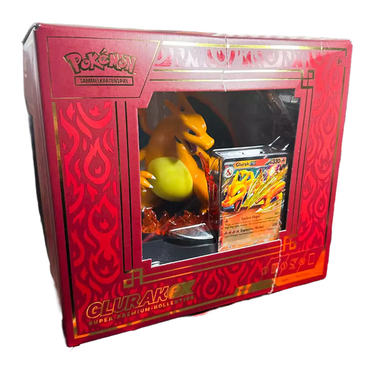 Pokémon Super Premium Kollektion Glurak-ex – deutsche Version – Vorderansicht der Box mit Glurak-ex-Artwork und feurigem Hintergrund