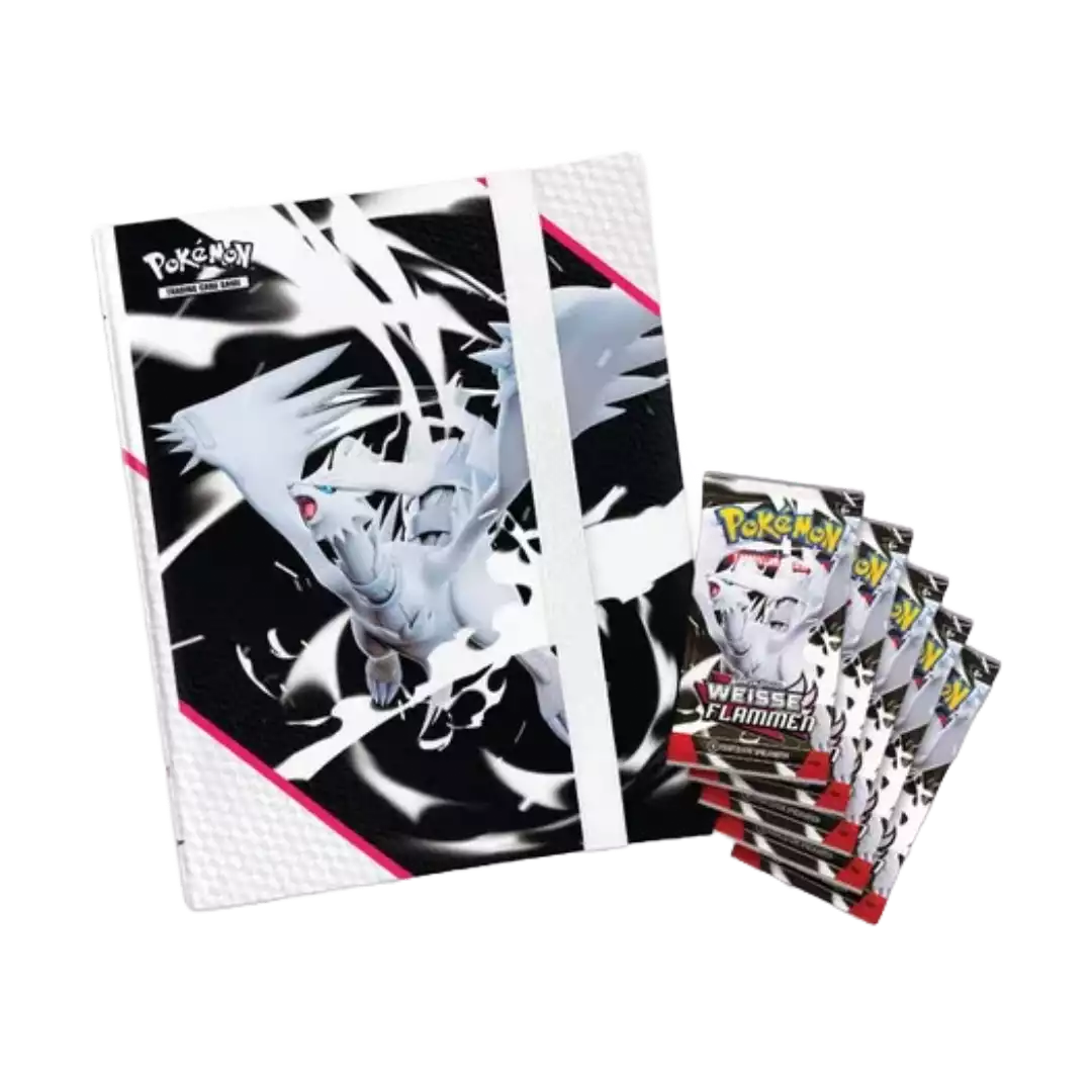 Geöffnete Pokémon Weiße Flammen Reshiram Ordner Kollektion – deutsche Version – Inhalt mit Sammelordner, 9 Kartenfächern pro Seite und Reshiram-Motiv auf weißem Hintergrund