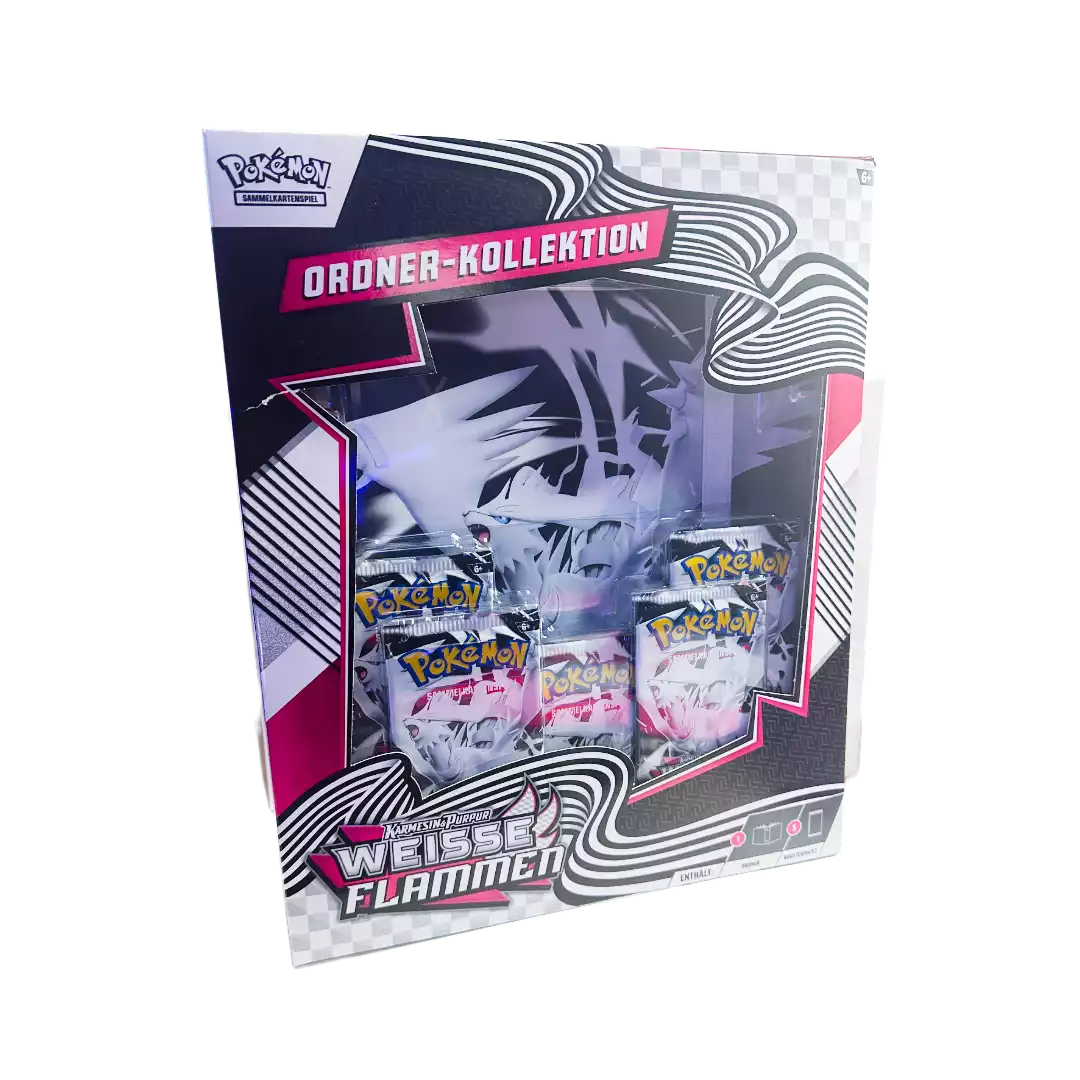 Pokémon Weiße Flammen Reshiram Ordner Kollektion – deutsche Version – Vorderansicht der Box mit Reshiram-Artwork auf weißem und grauem Hintergrund