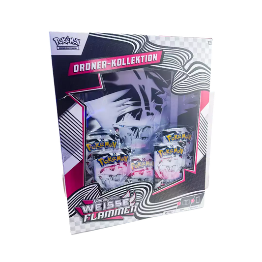 Pokémon Weiße Flammen Reshiram Ordner Kollektion – deutsche Version – Vorderansicht der Box mit Reshiram-Artwork auf weißem und grauem Hintergrund