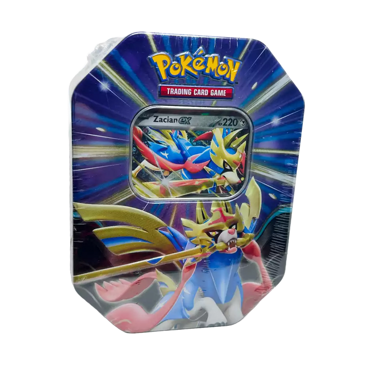Pokémon Zacian-ex Tin #122 – deutsche Version – Vorderansicht der Metalldose mit Artwork von Zacian-ex in dynamischer Pose auf lila-goldenem Hintergrund